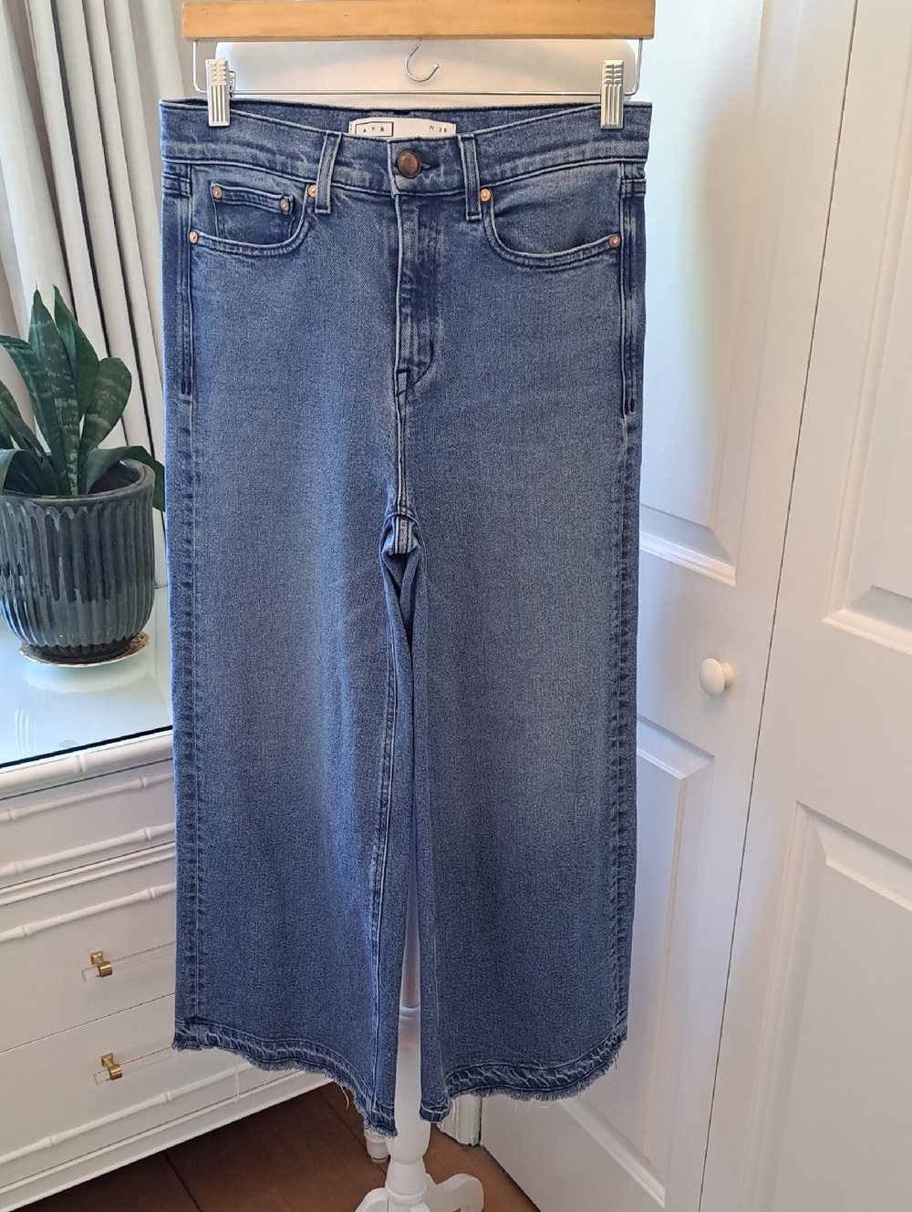 AYR Womens‎ The Must Stretch Wash High Rise Raw Hem Crop Wide Leg Jeans 28